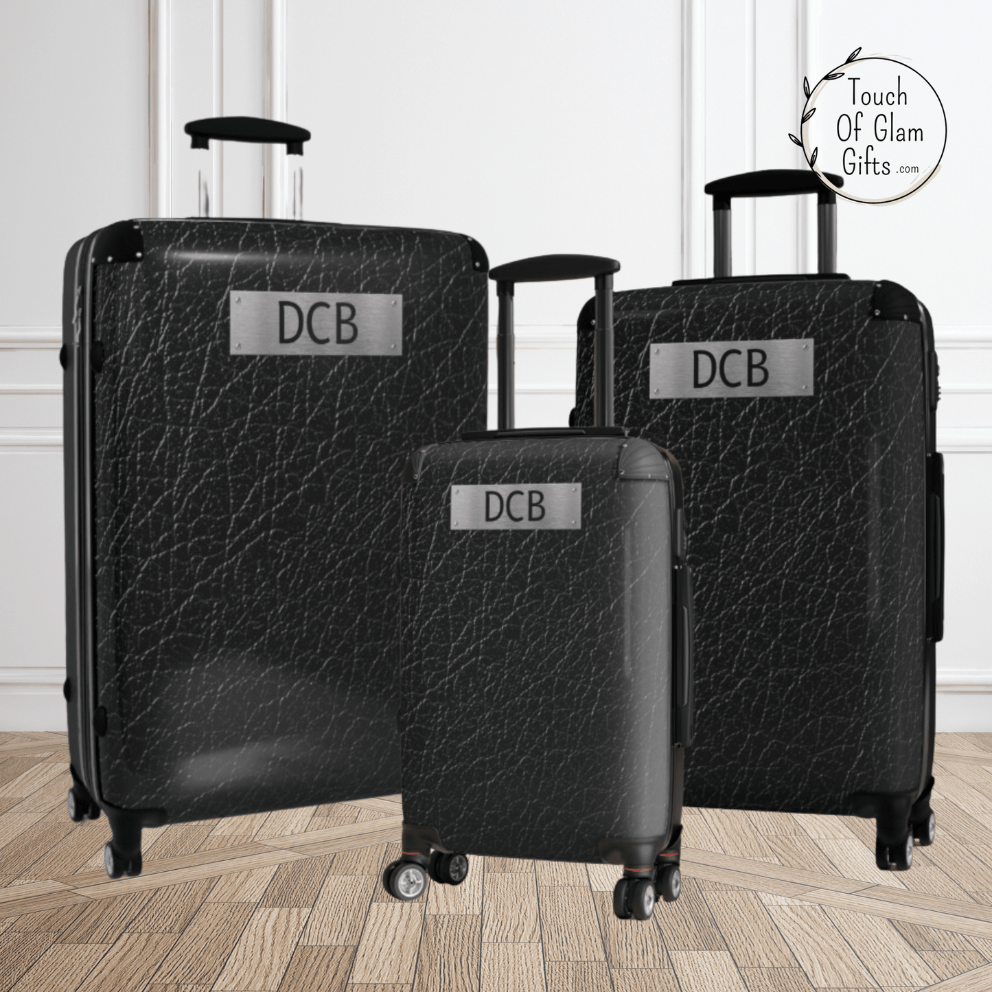 Custom Monogramed Luggage For Men #1, Black Leather & Silver Name Plate