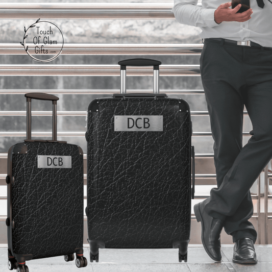 Custom Monogramed Luggage For Men #1, Black Leather & Silver Name Plate