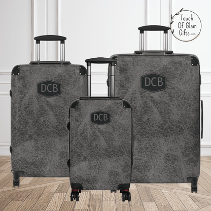 Custom Monogramed Luggage For Men #2, Dark Grey Leather & Custom Initials