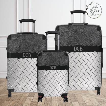 Custom Monogramed Luggage For Men #4, Grey Leather & Silver Metal With Custom Initials