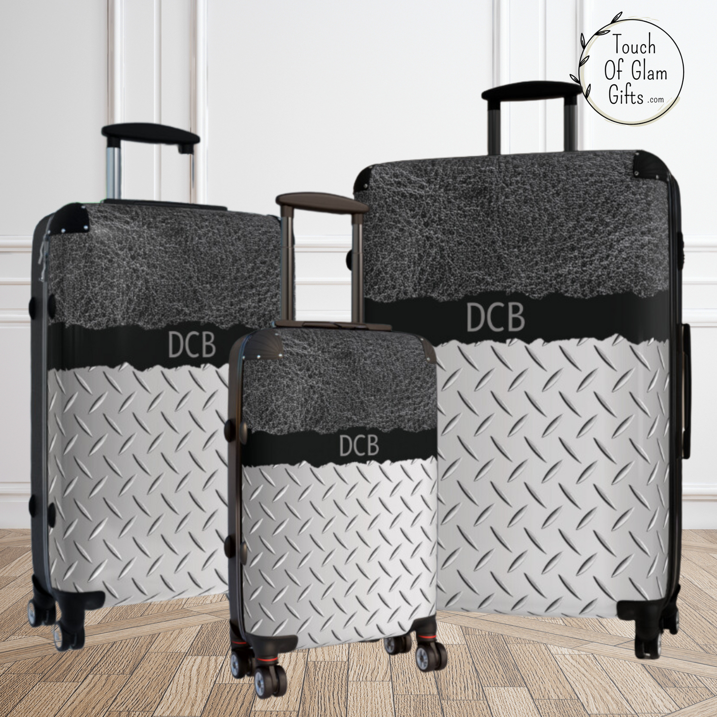 Custom Monogramed Luggage For Men #4, Grey Leather & Silver Metal With Custom Initials