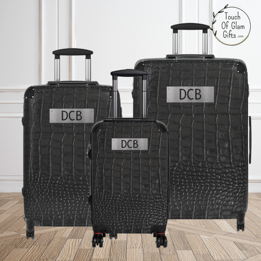 Custom Monogramed Luggage For Men #5, Black Leather & Silver Metal Initials Plate