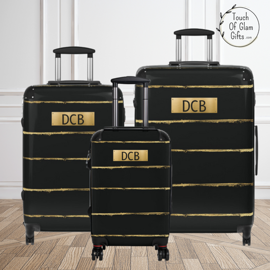 Custom Monogramed Luggage For Men #6, Black & Gold with Gold Initials Plate