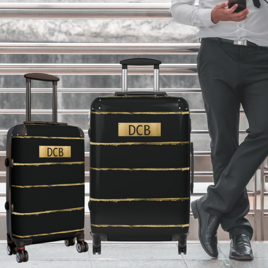 Custom Monogramed Luggage For Men #6, Black & Gold with Gold Initials Plate