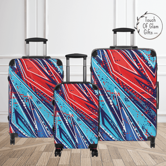 Our fun blue luggage design for teen boys or teens that love blue. This luggage set is custom designed and perfect for a personalized gift for boys and teens.