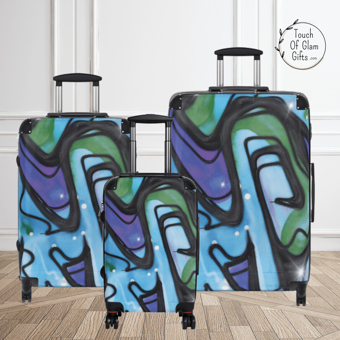 Our line of blue graffiti custom designed luggage for kids and teens and people who love the color blue. Our luggage set comes in three sizes.