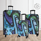 Our blue retro suitcases shows how the design wraps around the sides. The back of the luggage is black.