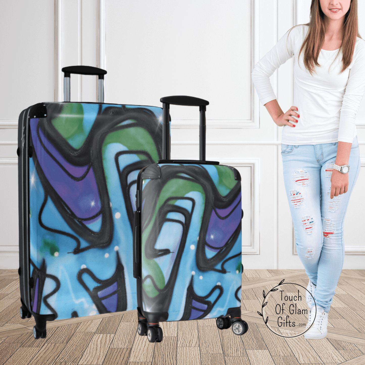 Teen girls love the blue retro design of our luggage. This teen girl has the large suitcase with spinner wheels and the carry on size. The shades of blue and black and green in a graffiti design has a retro feel.