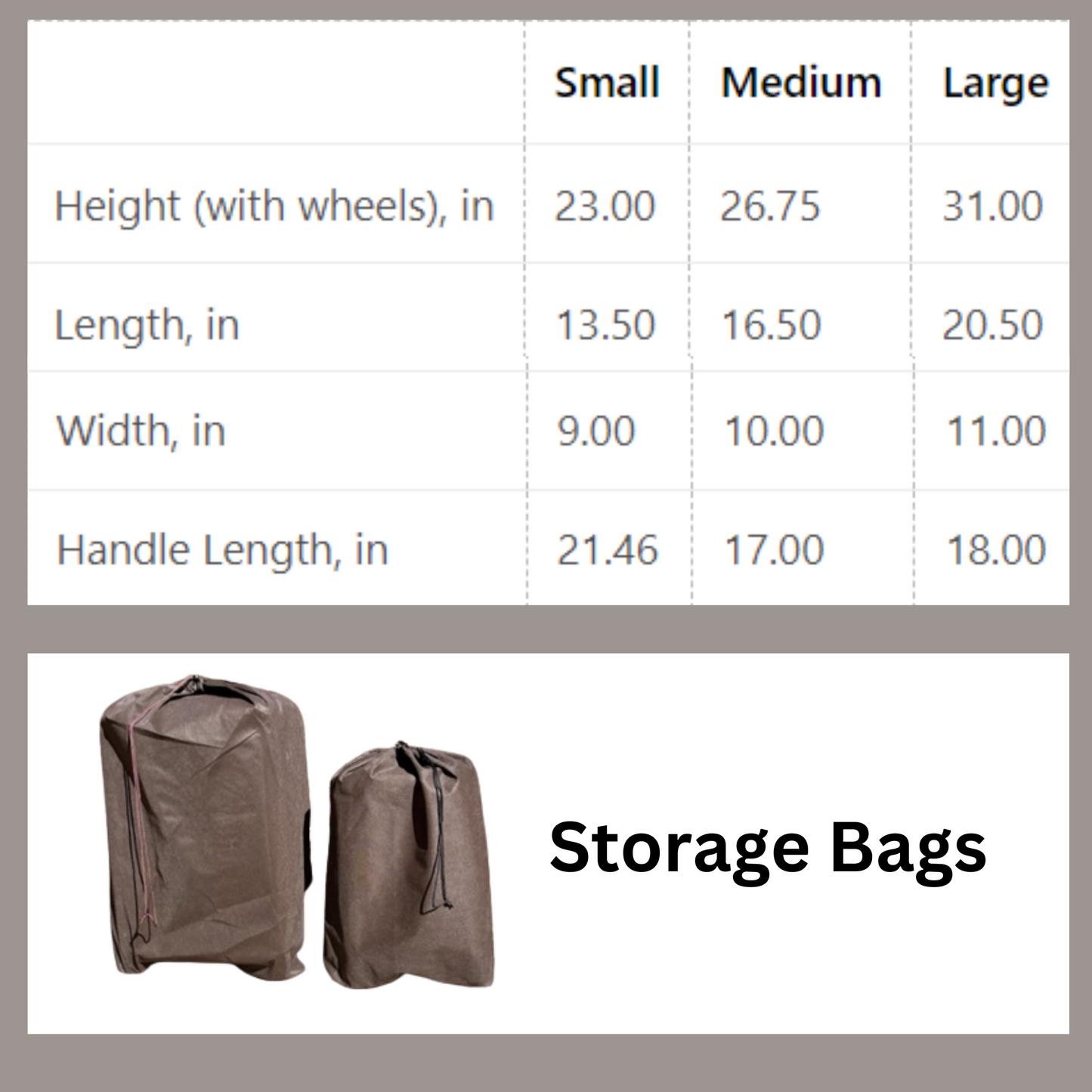 The size chart to compare the small, medium and large suitcases. All suitcases get storage bags.