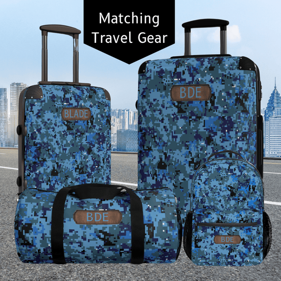 Blue camouflage travel bags for men. Personalized weekender, backpack and suitcase.