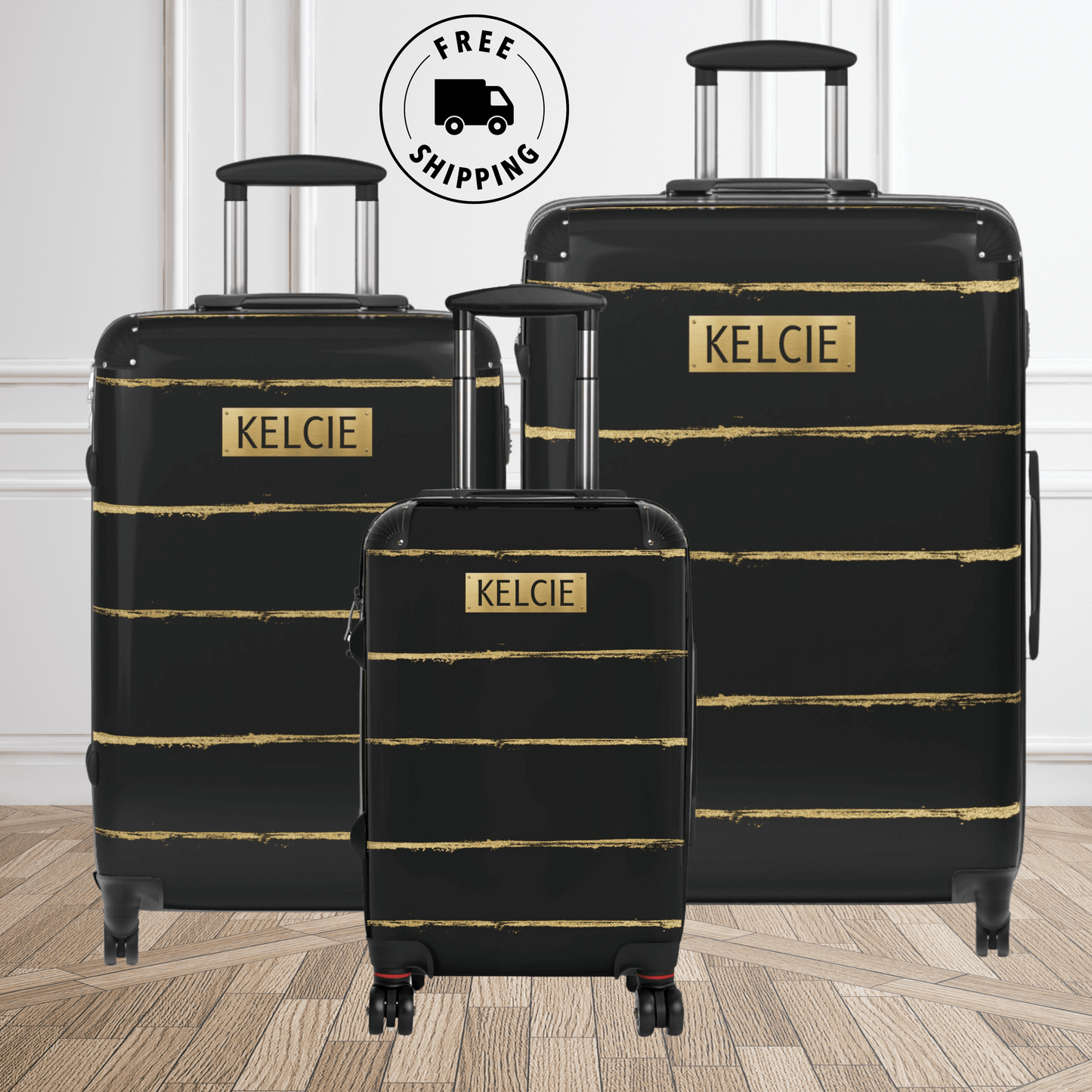 Black & Gold Suitcase with Name Custom Luggage Set Unisex