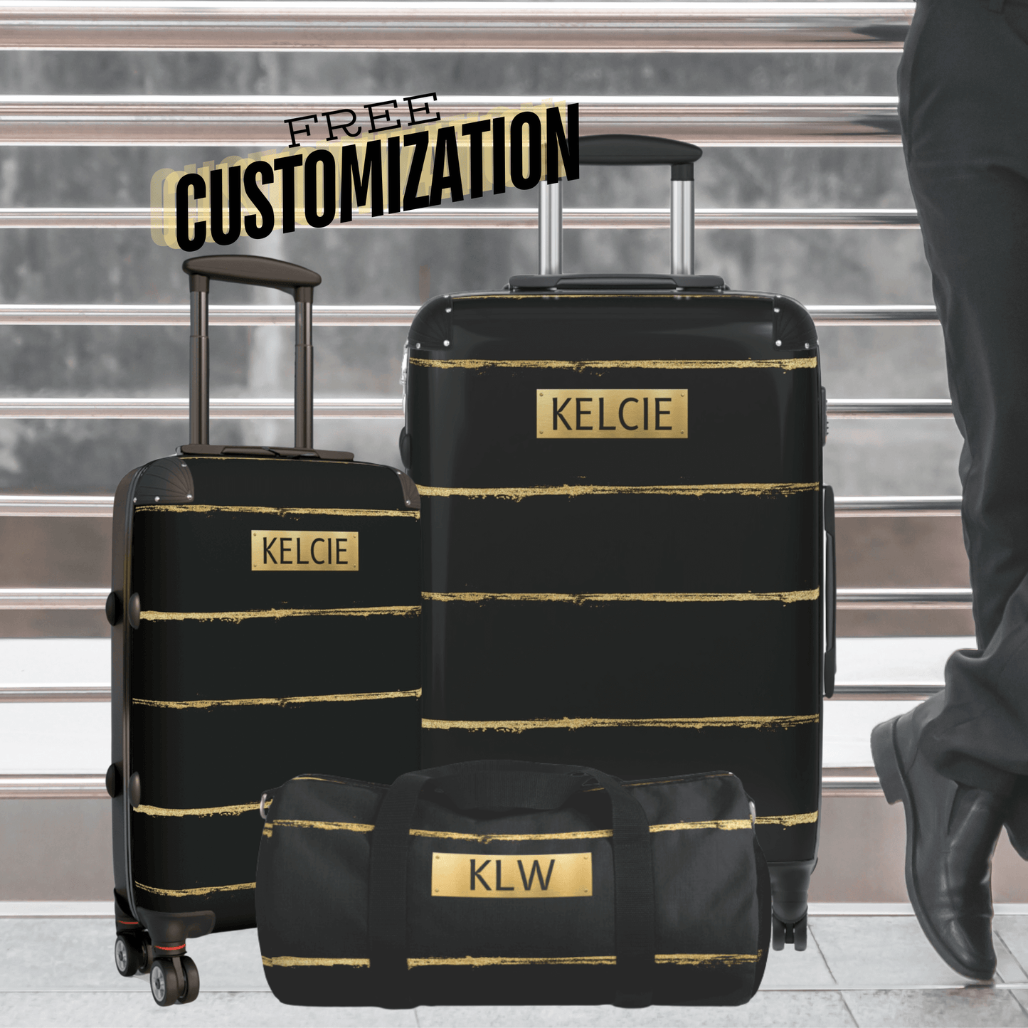 Gold Suitcase with Name Custom Luggage Set Unisex Travel Carryon Bag