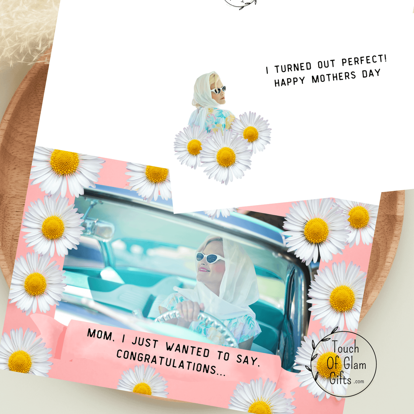 Printable mothers day card with a vintage feel and woman driving a car