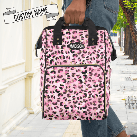 Personalized Leopard Print Pink Diaper Bag Backpack Cute Baby Shower Gift for Stylish Mom