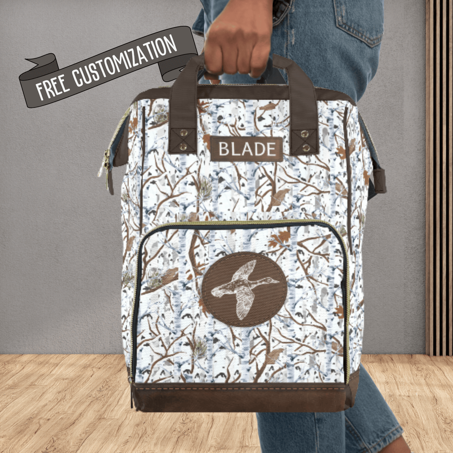 White camouflage diaper bag backpack for men