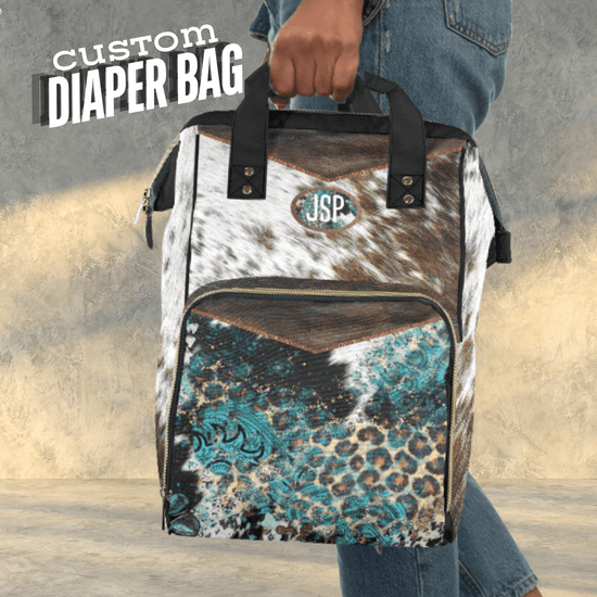 Western style diaper bag backpack for new moms. Cowhide print backpack for baby shower gift.