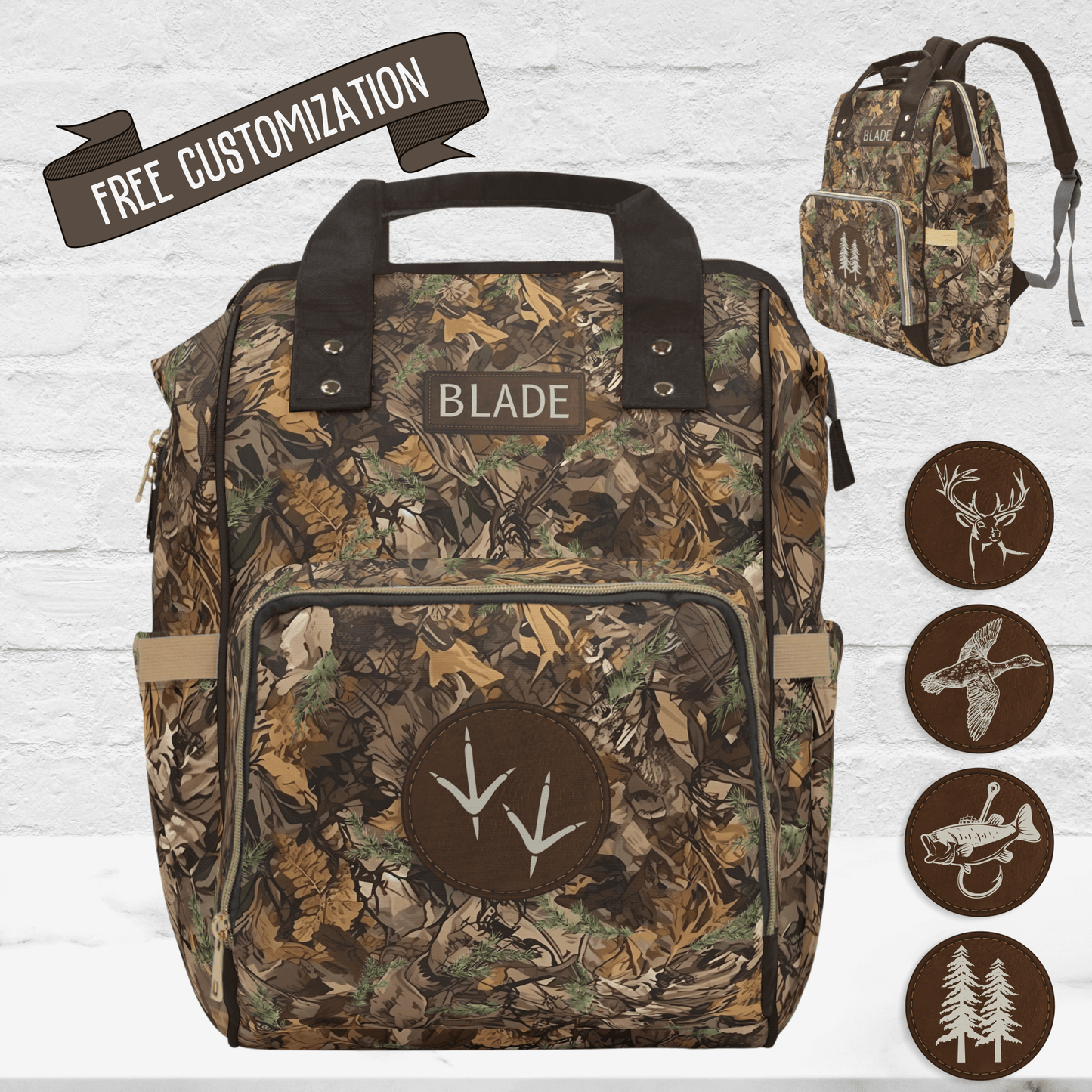 Brown Camo Diaper Bag, Personalized Baby Boy Shower Gift for Duck Turkey Deer Hunter, Mens Camouflage Diaper Organizer