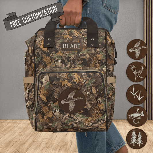 Masculine Baby Organizer Dad Diaper Bag Brown Camo Design Personalized Custom Name Storage Spacious Compartments Hunting Theme Pattern Perfect New Father Gift Practical Daily Use Essential Baby Shower Present Outdoor Enthusiast Nursery