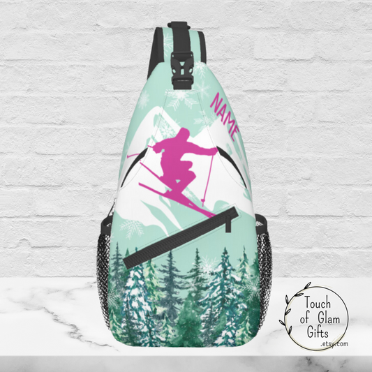 Sling Bag Pink Snow Skier, Winter Adventure Cross Body Bag for Her