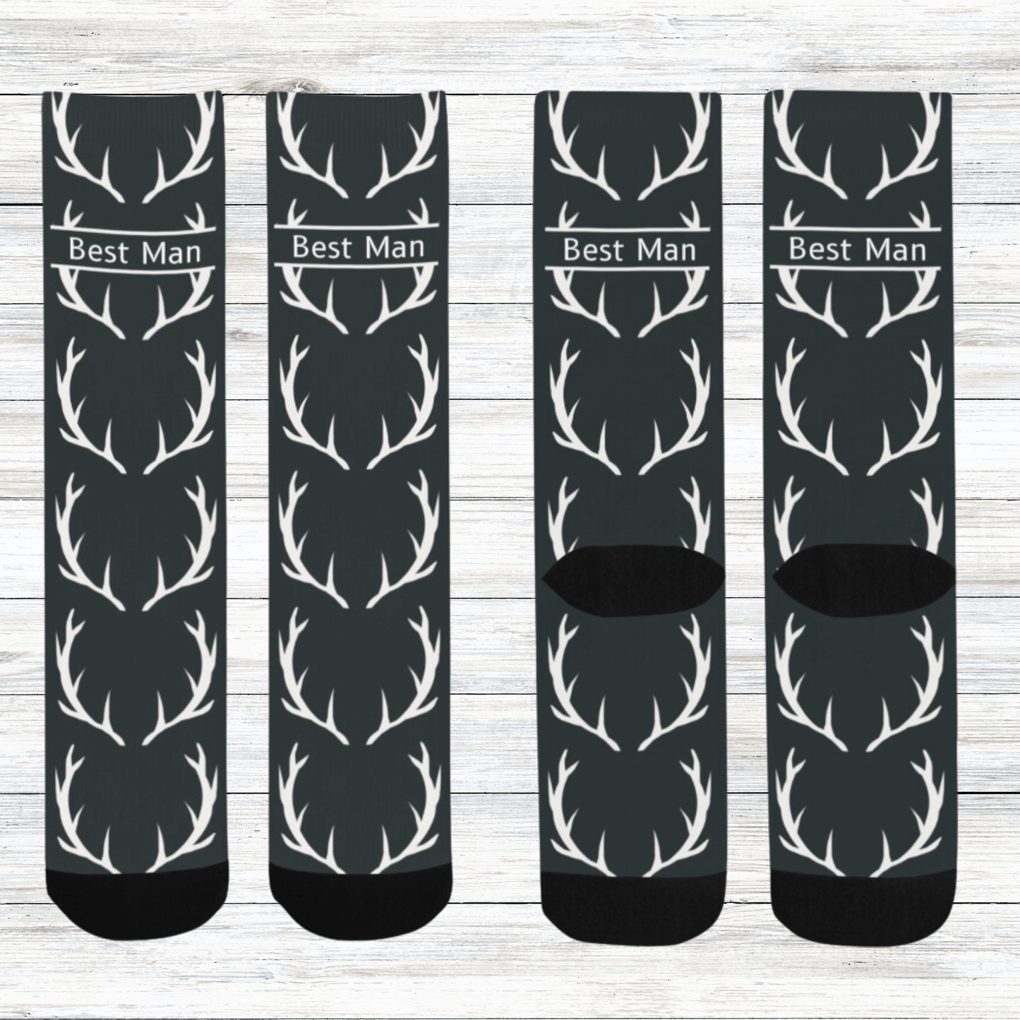 front and back view of flat lay of our deet antler socks for wedding gifts for groomsmen.