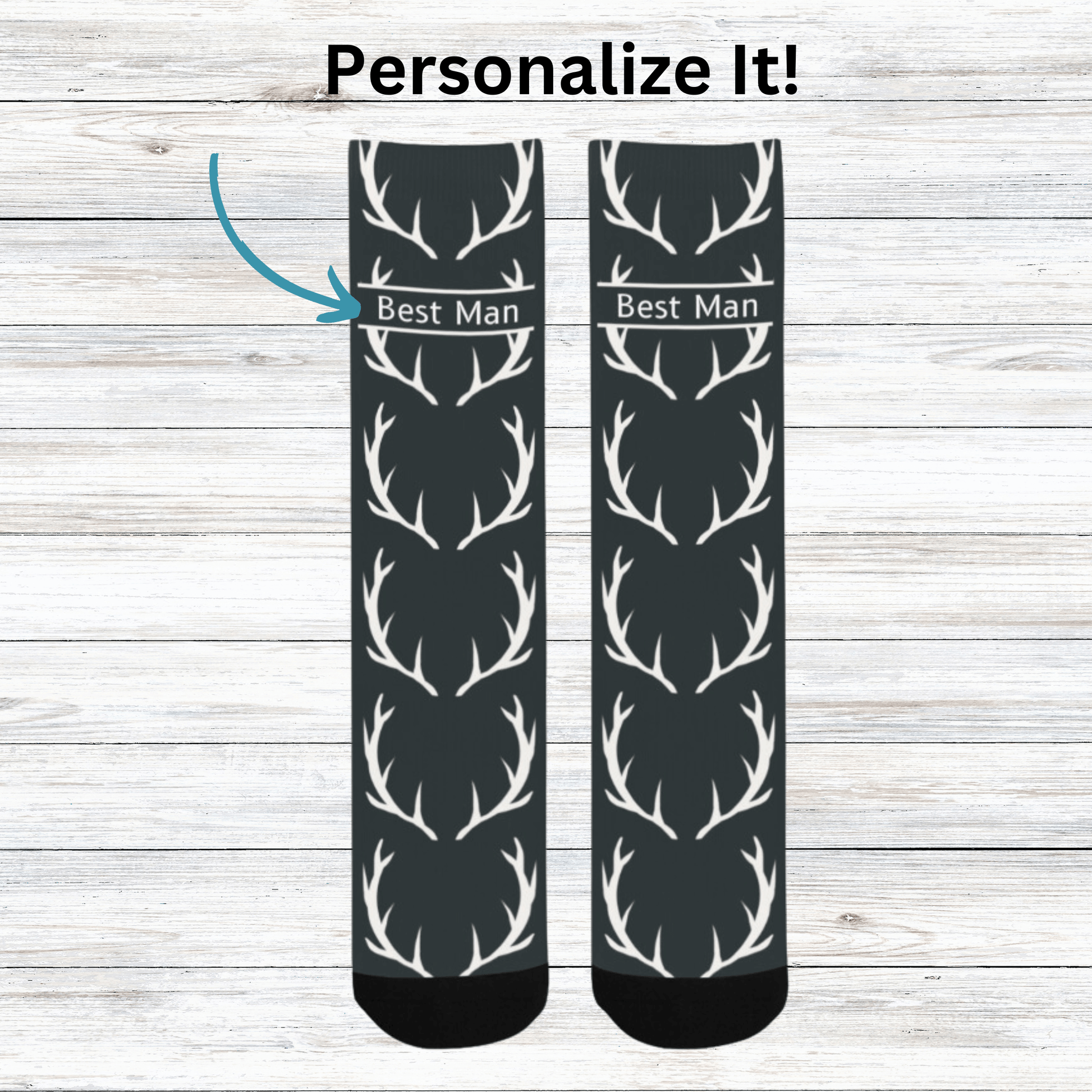 Personalized groomsmen socks with deer horns.  Up to 15 characters to personalize