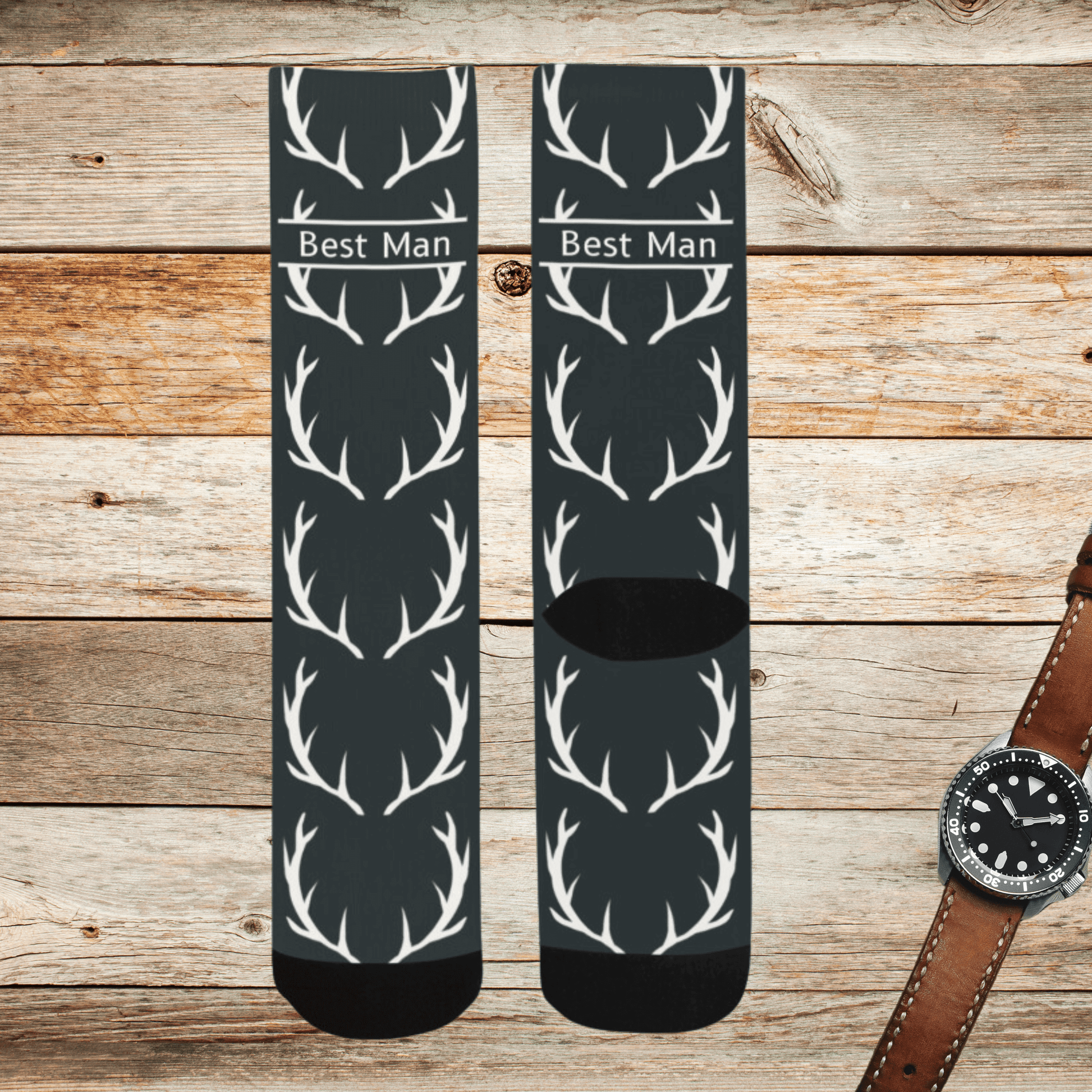 another view of front and back of groomsmen sock with a brown watch.