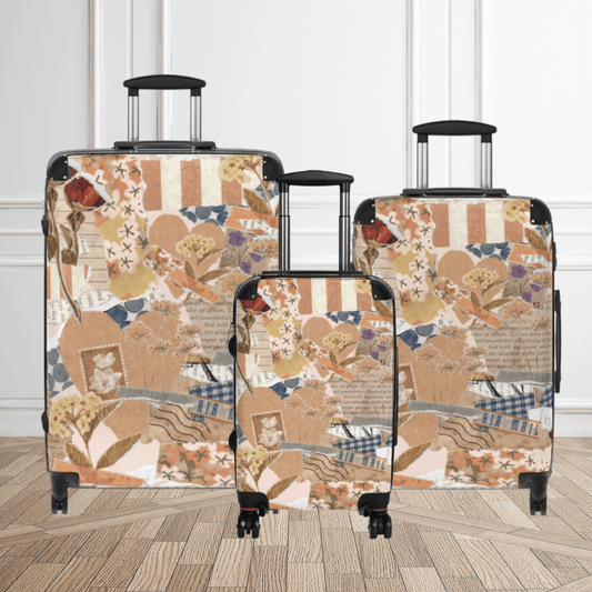 Vintage Floral Spinner Suitcase Set, Roses & Stamps Luggage Set