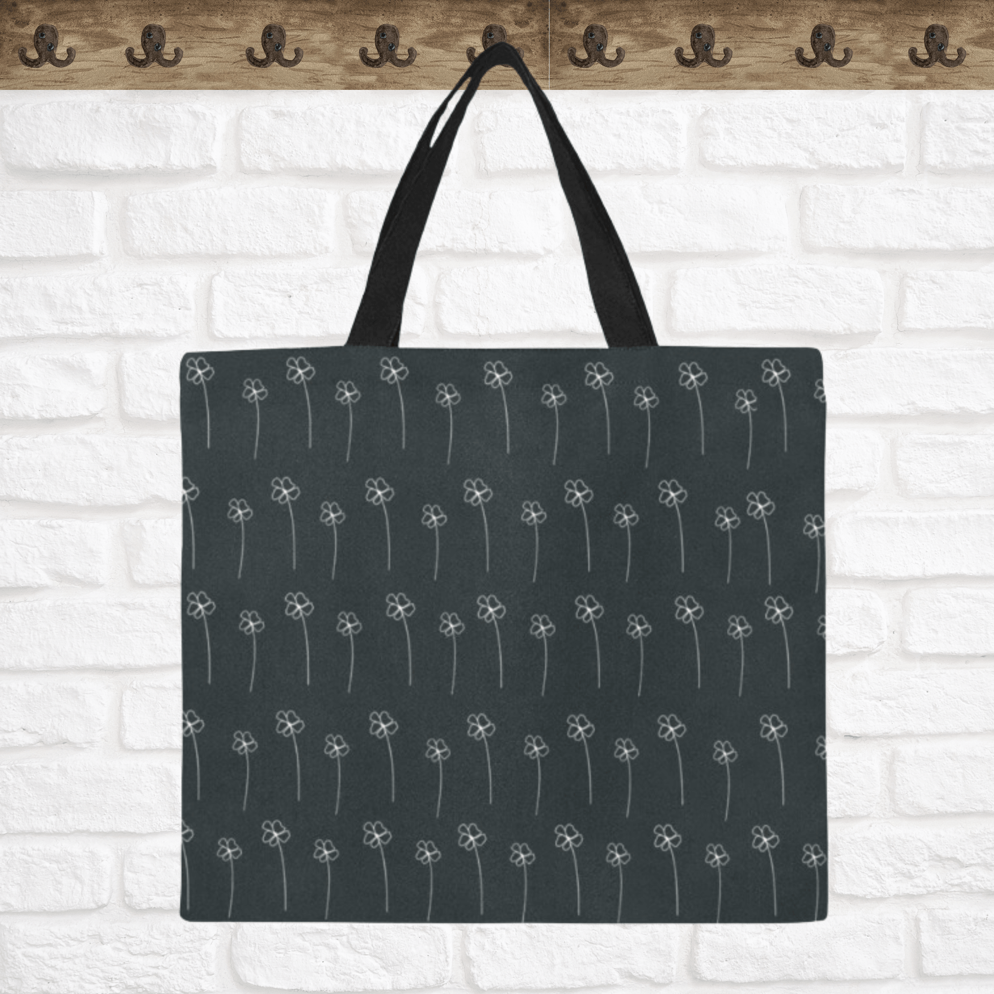 Black canvas tote bag with boho flowers