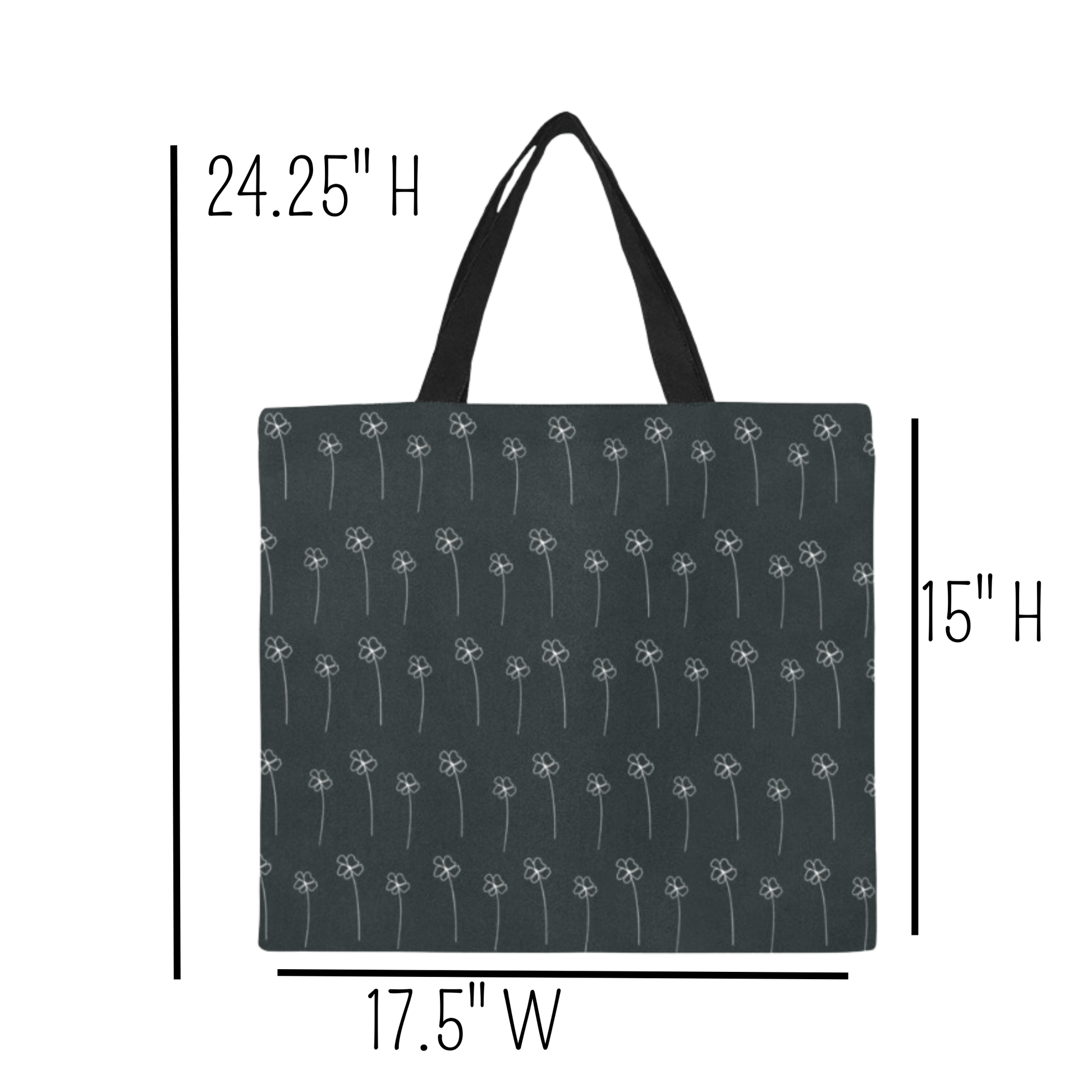measurements of black tote bag are over seventeen inches wide, fifteen inch height and handles are over nine inches tall