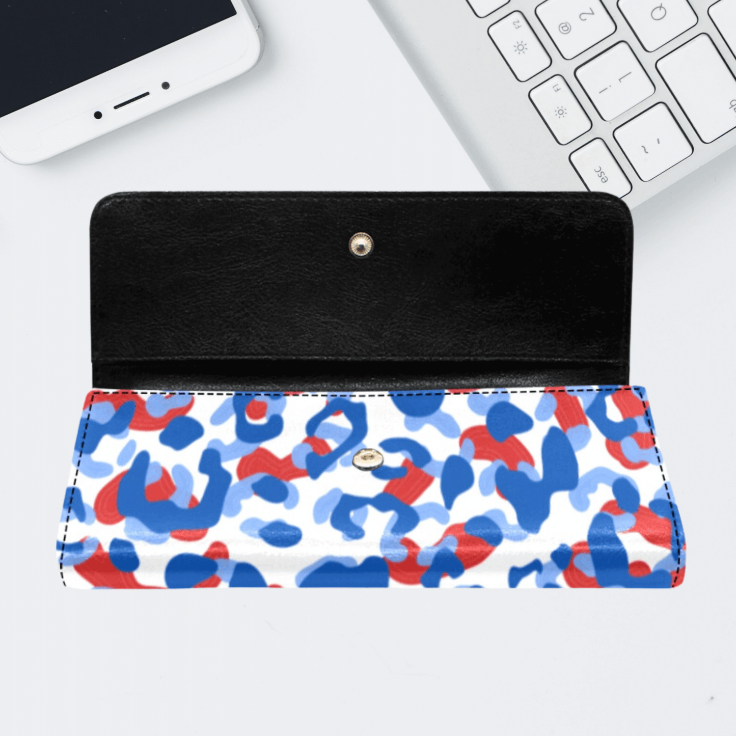 Tri-Fold Wallet for Her, Red, White & Blue Leopard Print Custom Wallet
