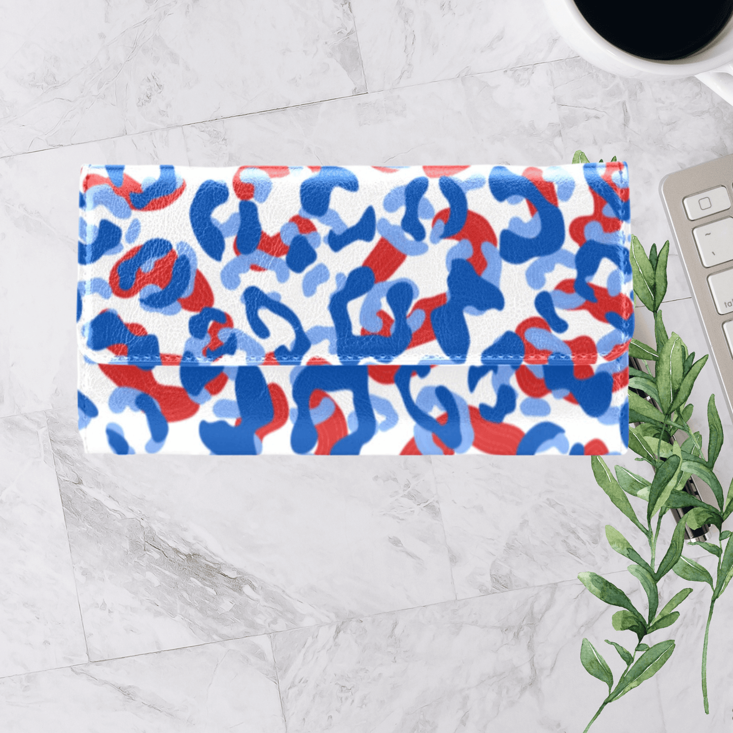 Tri-Fold Wallet for Her, Red, White & Blue Leopard Print Custom Wallet