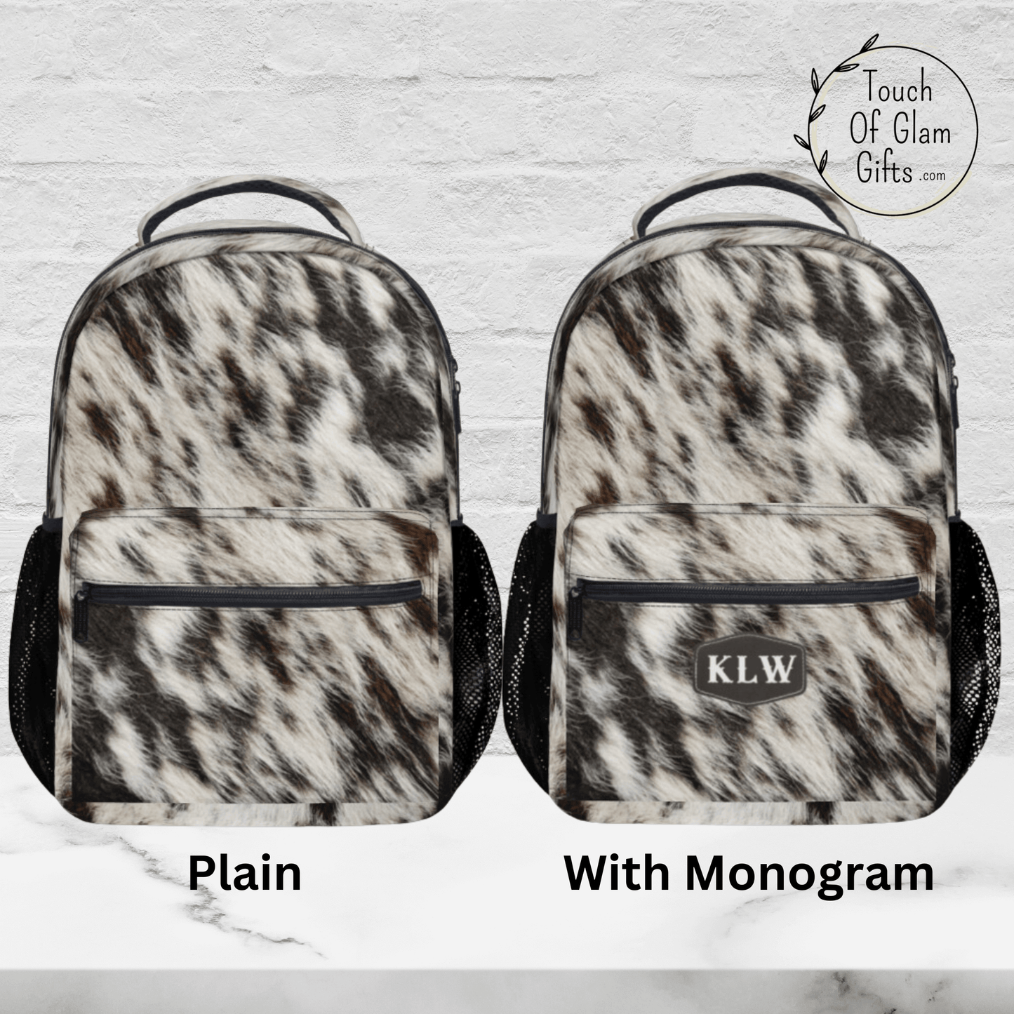 You choose if you want our cowhide backpack plain or monogrammed.