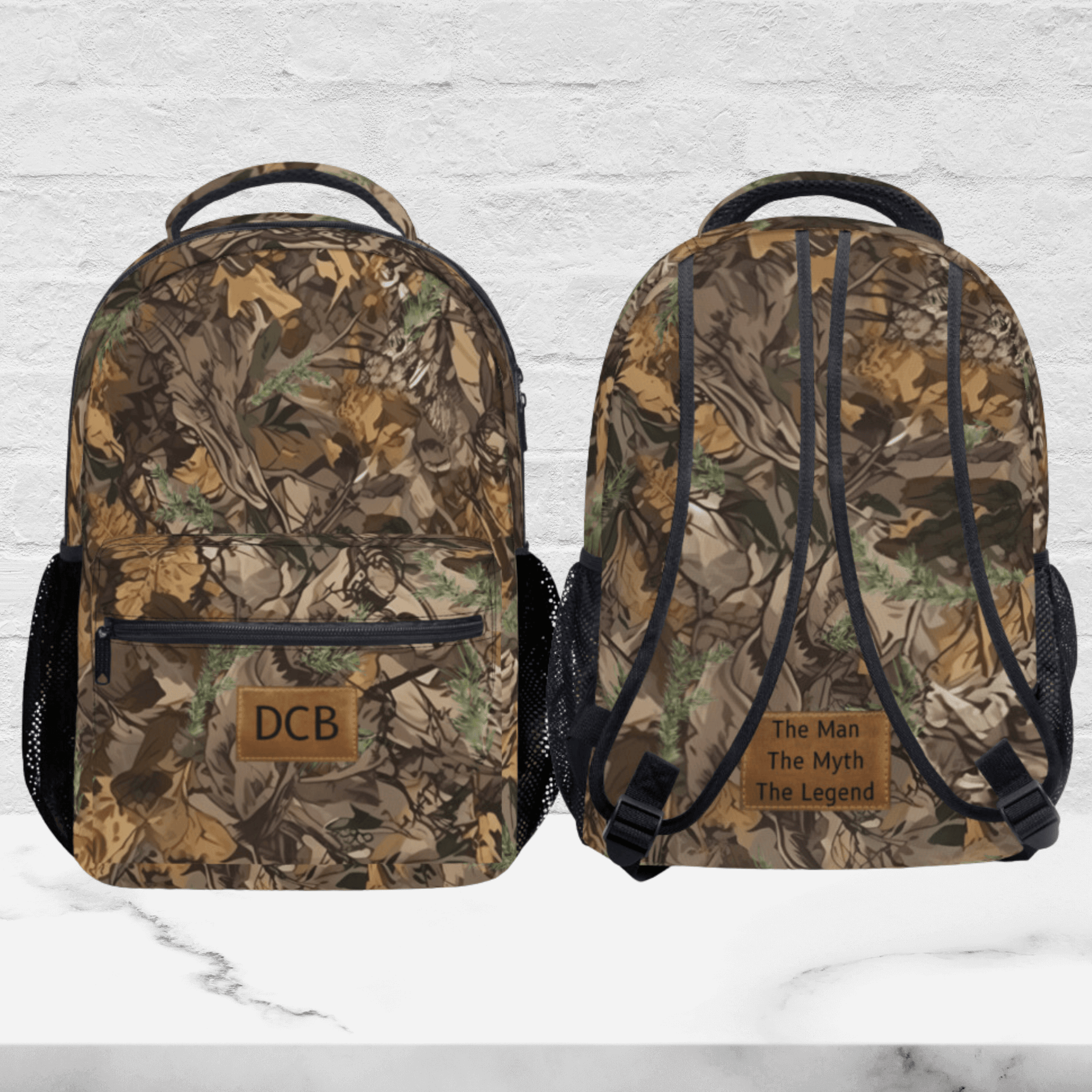 The front of the camo backpack for men can be monogrammed with up to three initials and the back can be personalized too. THis backpack makes the perfect fathers day gift for the hunter dad.