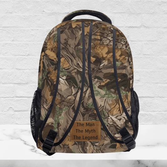 The backside of our camo backpack can be personalized with a fun message, as shown on this bag, The man, the myth, the legend.