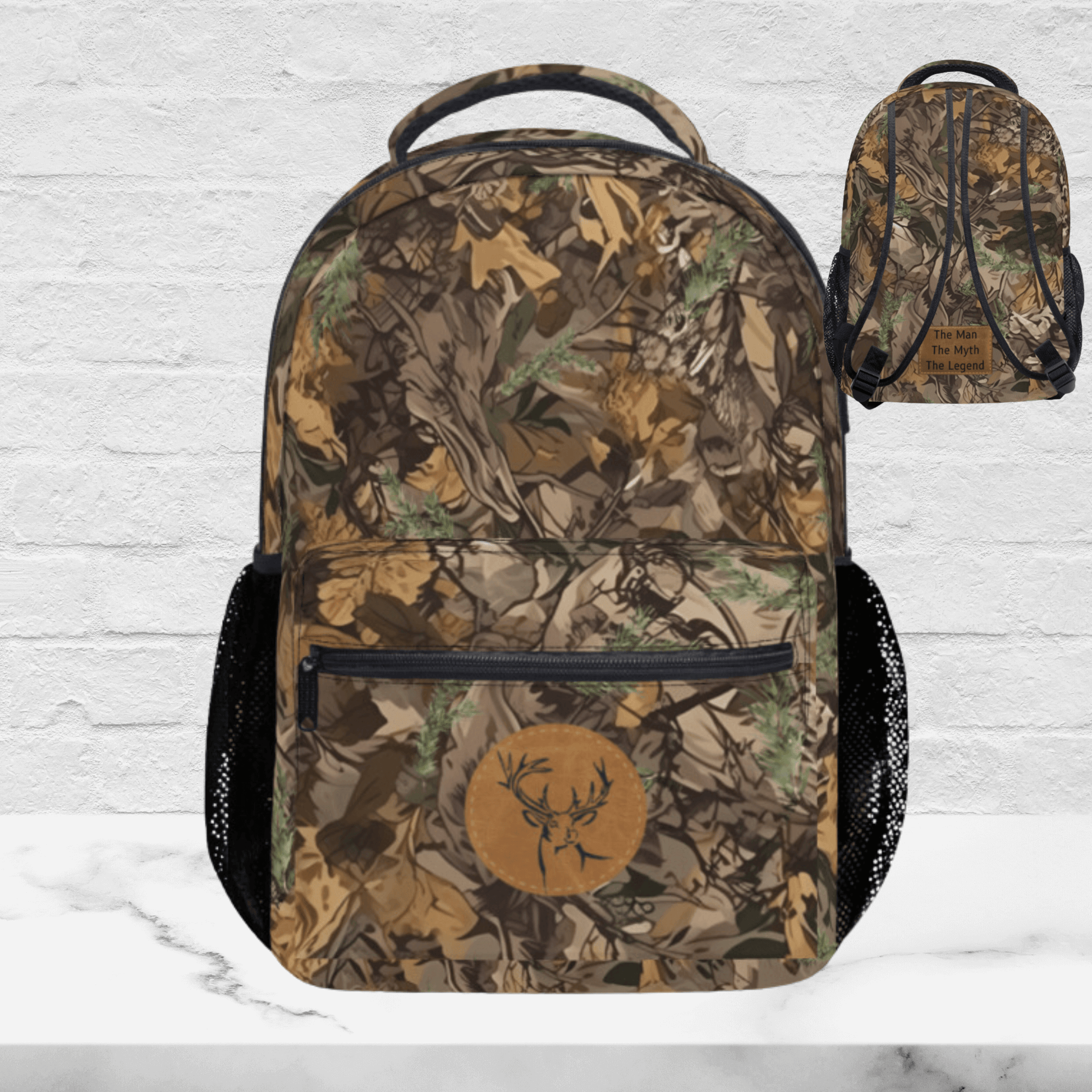 Another choice to personalize your camo backpack shows the front of the bag has a round printed patch with a deer buck on the bag.