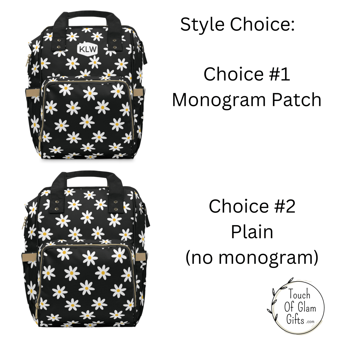 Flower Diaper Bag Backpack Purse for New Mom, Cute Personalized Baby Shower Gift, Black White Monogrammed Birthday and Mother's Day Gift