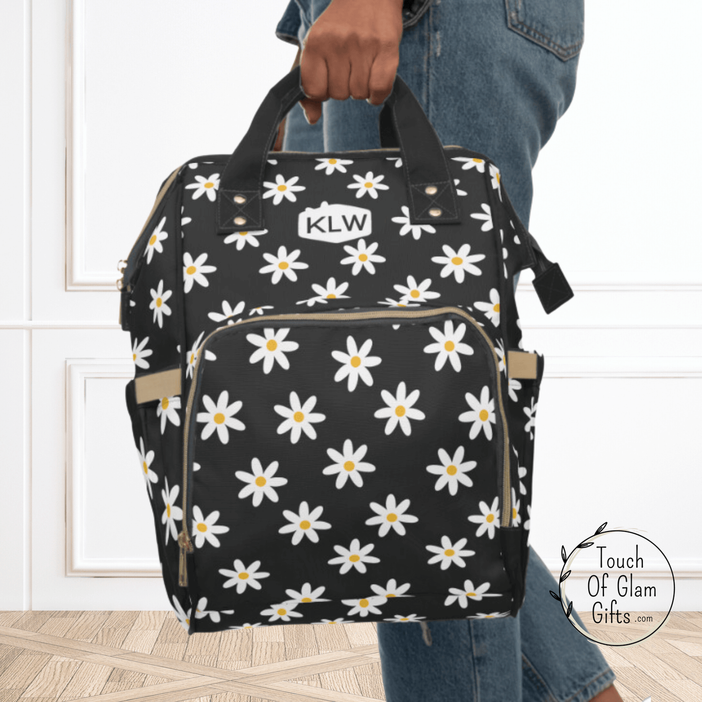 Flower Diaper Bag Backpack Purse for New Mom, Cute Personalized Baby Shower Gift, Black White Monogrammed Birthday and Mother's Day Gift