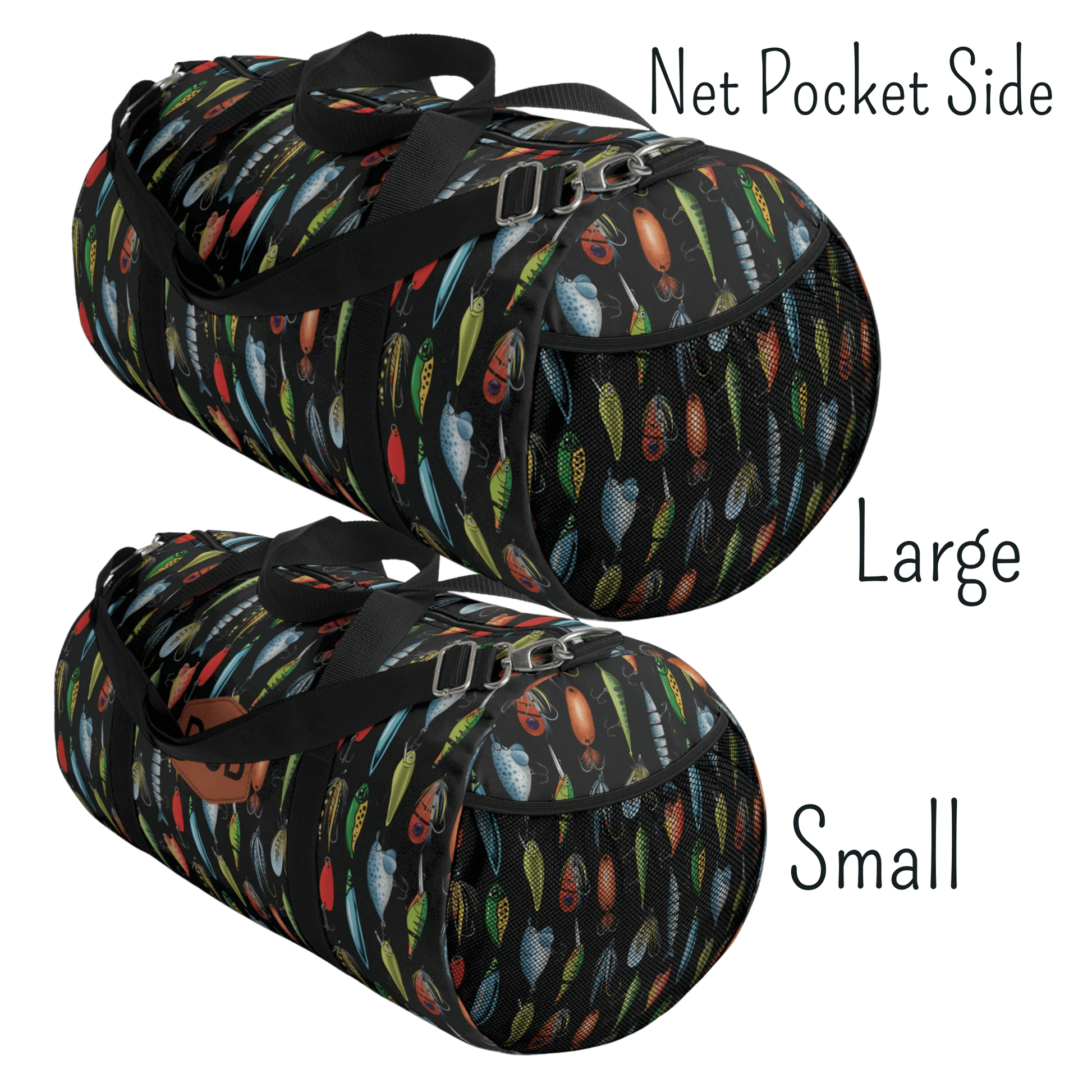 One side of our fishing duffel bag shows a black netted side pocket for extra storage. This picture shows the large and small weekender bag with the metal clasps for the shoulder straps.