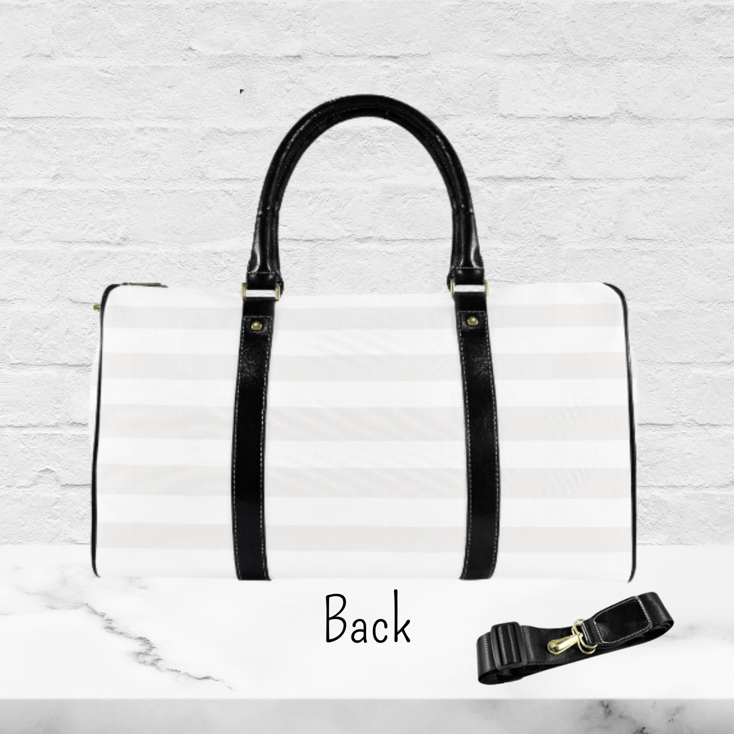 The back of our flight bag shows stipes of white and off white with black accents.