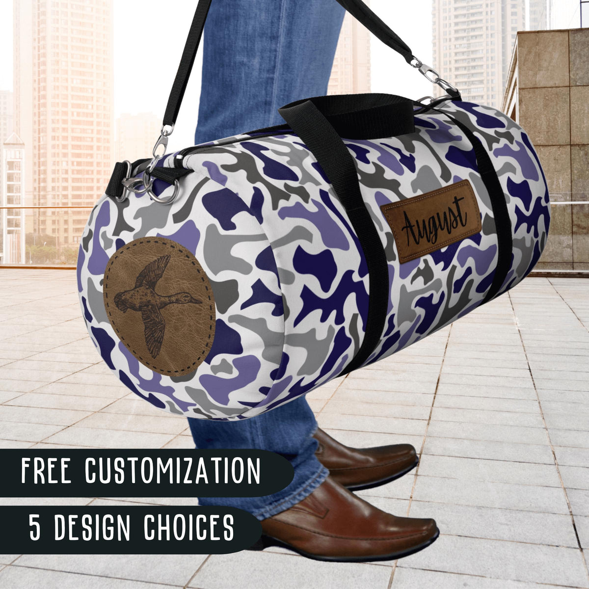 Blue Camo Weekender Bag Custom Name Travel Gear Personalized Duffel Bag For Men Boys Durable Oxford Canvas Construction Adjustable Shoulder Strap Padded Comfort Metal Hardware Zippered Pockets Perfect Weekend Trip Companion Gym Bag Sports