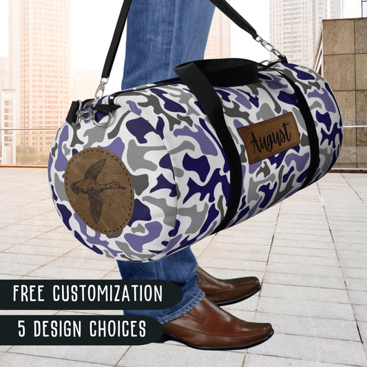 Blue Camo Weekender Bag Custom Name Travel Gear Personalized Duffel Bag For Men Boys Durable Oxford Canvas Construction Adjustable Shoulder Strap Padded Comfort Metal Hardware Zippered Pockets Perfect Weekend Trip Companion Gym Bag Sports