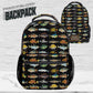 Fishing Backpack Custom Name Design Outdoor Adventure Bag Boys Youth Travel Essential Colorful Fish Species Pattern Multiple Storage Pockets Laptop Compartment School Supplies Carrier Durable Polyester Material Comfortable Handle