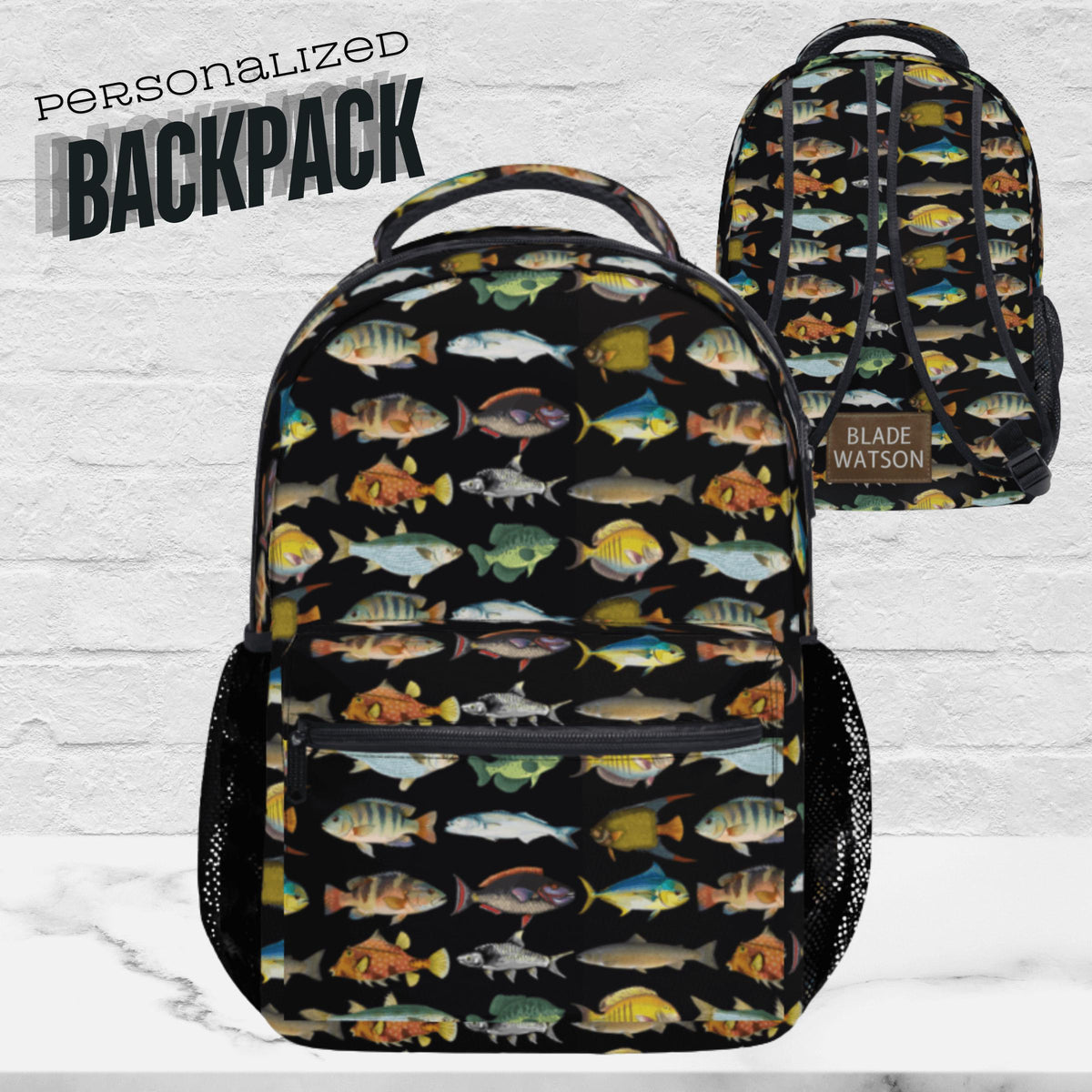 Fishing Backpack Custom Name Design Outdoor Adventure Bag Boys Youth Travel Essential Colorful Fish Species Pattern Multiple Storage Pockets Laptop Compartment School Supplies Carrier Durable Polyester Material Comfortable Handle