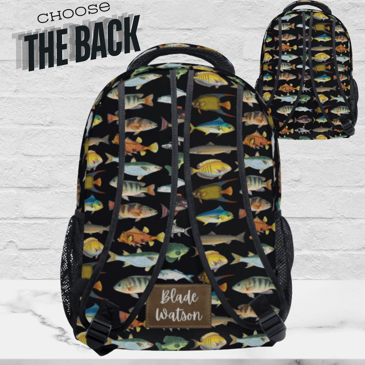 Colorful Fish Design Backpack Custom Name Personalization Marine Life Pattern Boys Youth Gift Outdoor Adventure Travel Bag Multiple Storage Pockets Laptop Compartment School Essential Fishing Enthusiast Present Durable Polyester