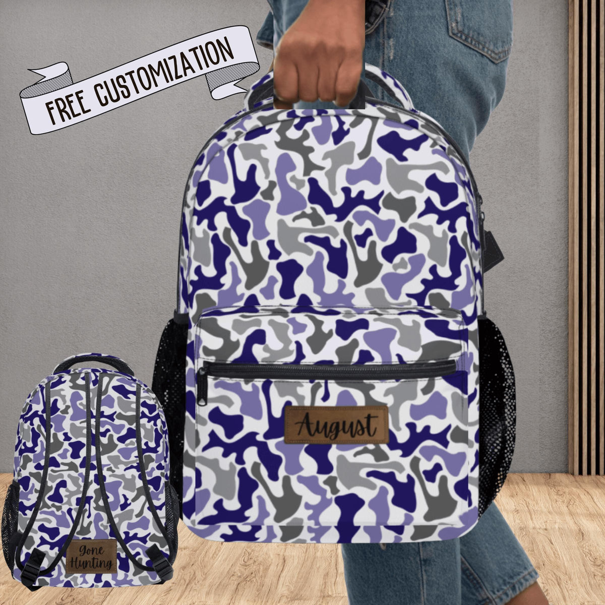 Personalized Backpack Kids Custom Name Design Blue Camouflage Hunter Country Theme Outdoor Style Multiple Compartments Zippered Pockets Durable Polyester Construction School Travel Camping Hiking Adventure Daily Use Boys Girls Unisex Design