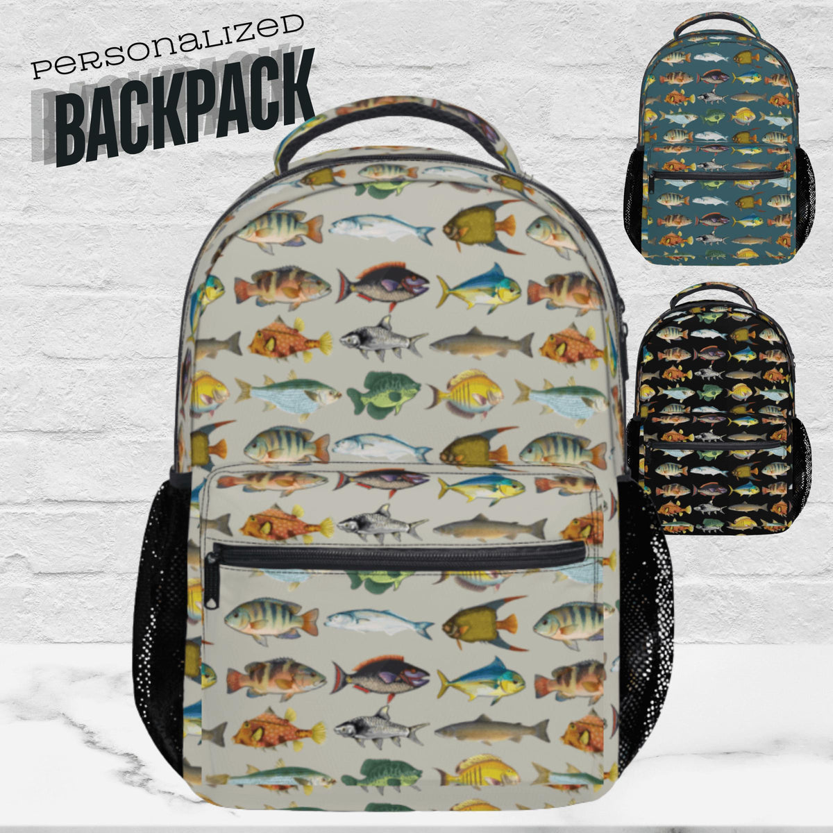 Personalized Name Backpack Custom Fishing Design Gift For Boys Youth Students Colorful Fish Pattern School Bag Multiple Pockets Laptop Compartment Outdoor Adventure Travel Bag Durable Construction Comfortable Padded Handle Perfect Birthday