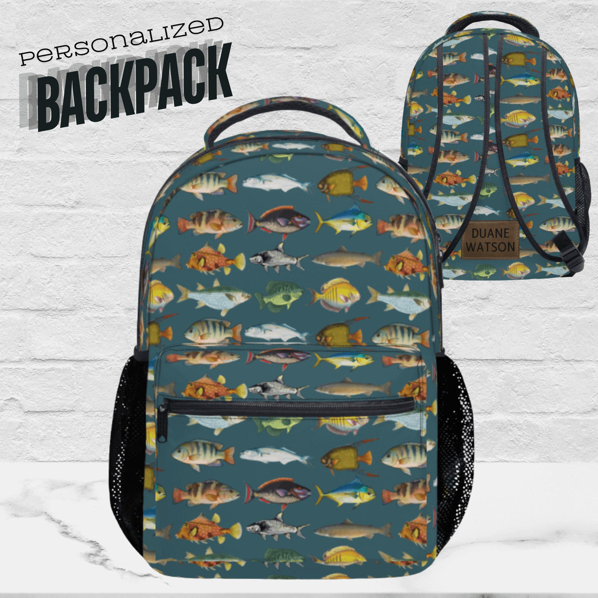 Custom School Backpack Personalized Name Bag Boys Youth Students Fish Pattern Design Multiple Pockets Storage Laptop Compartment Travel Essential Outdoor Adventure Gear Colorful Marine Life Theme Durable Construction Fishing Enthusiast Gift