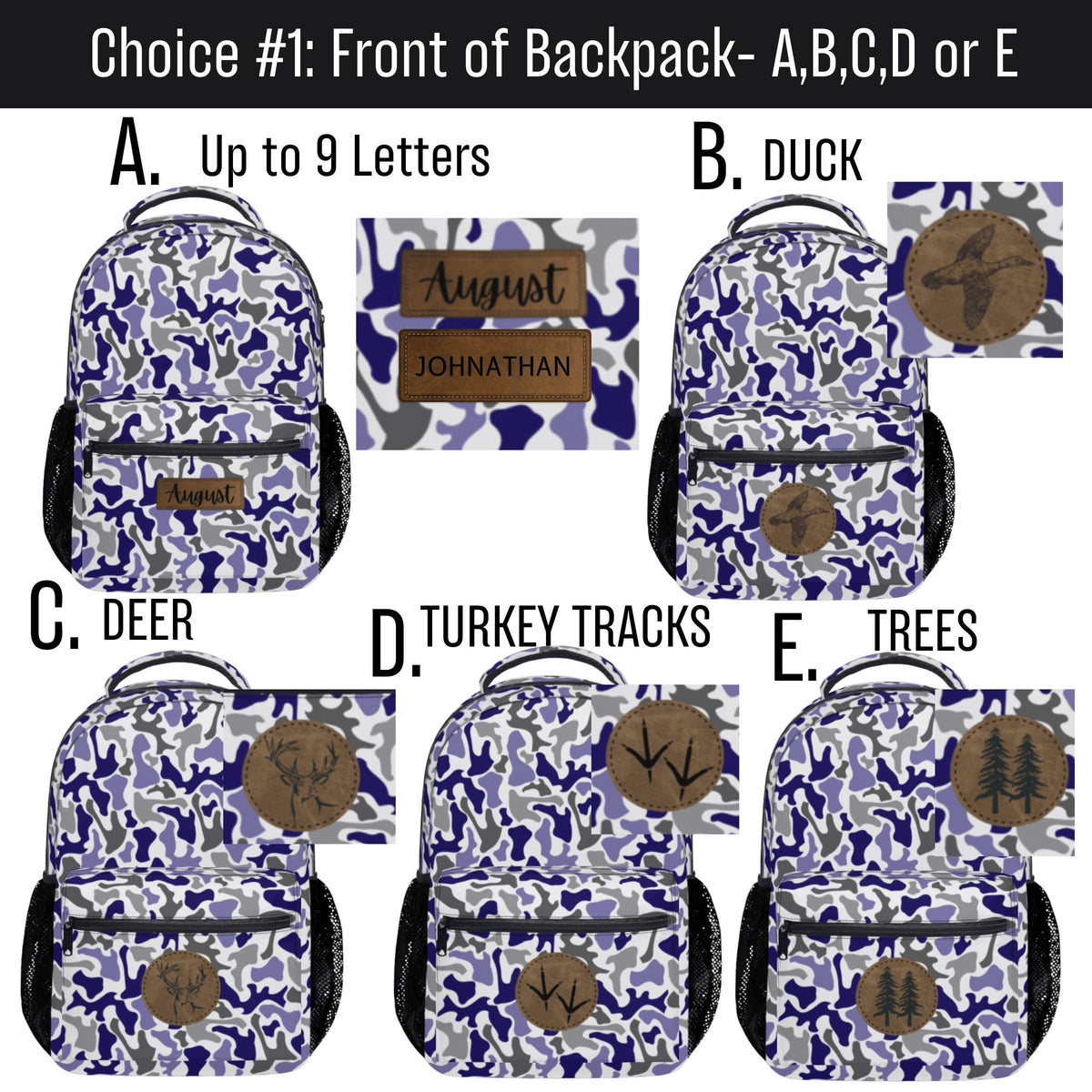 Custom Kids Backpack Personalized Name Blue Camo School Travel Outdoor Adventure Daily Use Perfect Durable Construction Multiple Compartments Zippered Pockets Padded Straps Camouflage Pattern Hunter Theme Unisex Design Boys Girls Birthday