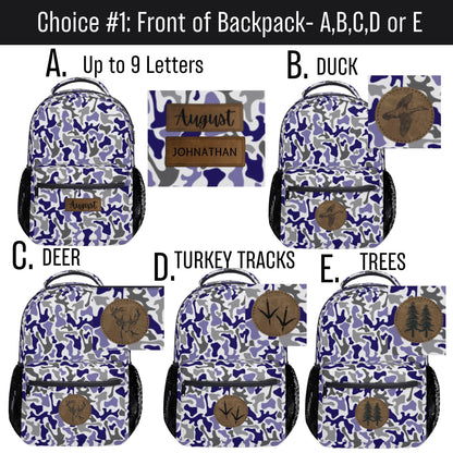 Custom Kids Backpack Personalized Name Blue Camo School Travel Outdoor Adventure Daily Use Perfect Durable Construction Multiple Compartments Zippered Pockets Padded Straps Camouflage Pattern Hunter Theme Unisex Design Boys Girls Birthday