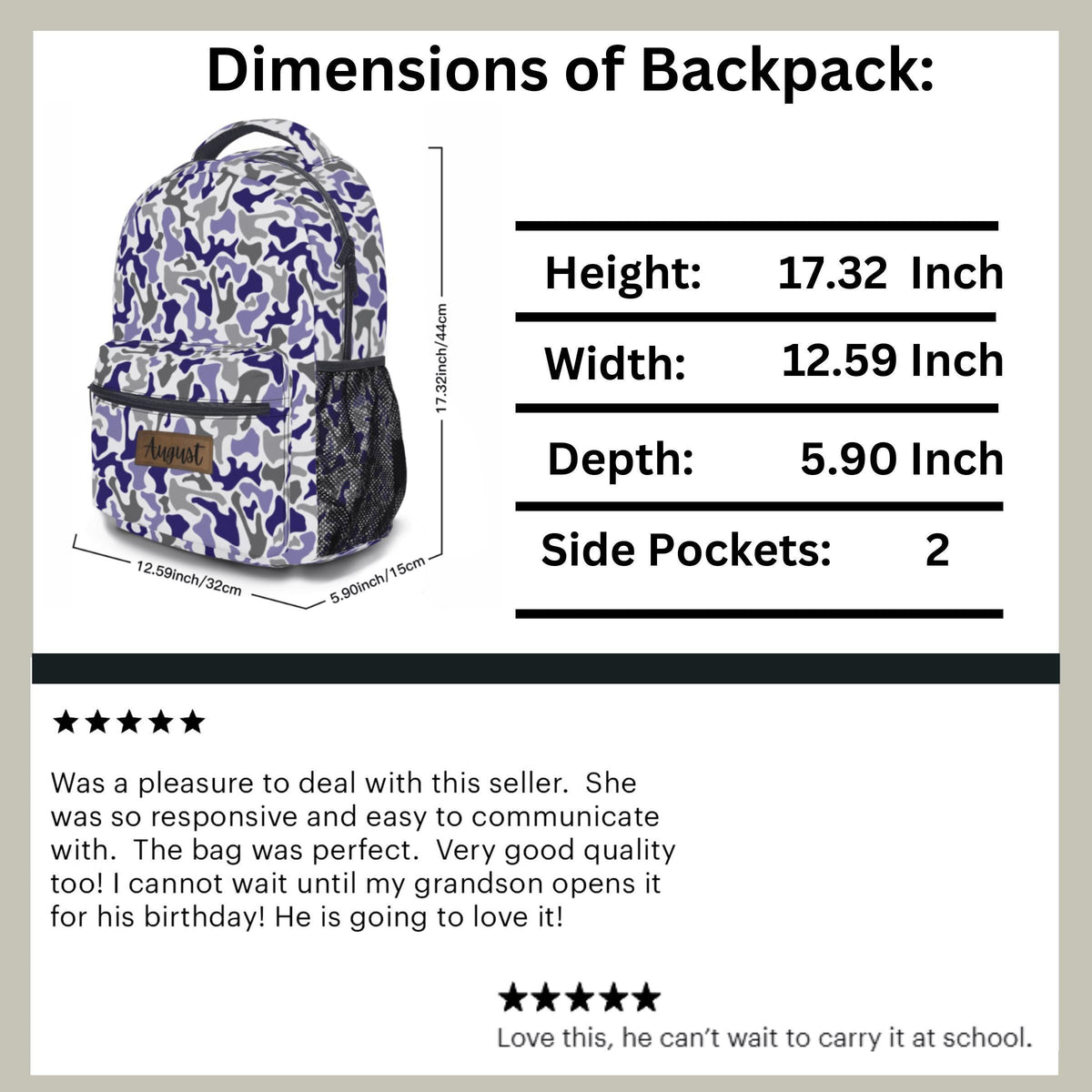 Personalized Backpack Kids – Custom Name Blue Camo School Book Travel Bag